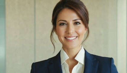  Smiling woman wearing a business suit with a white shirt, blue blazer, and holding a briefcase in front of her chest - Powered by Adobe