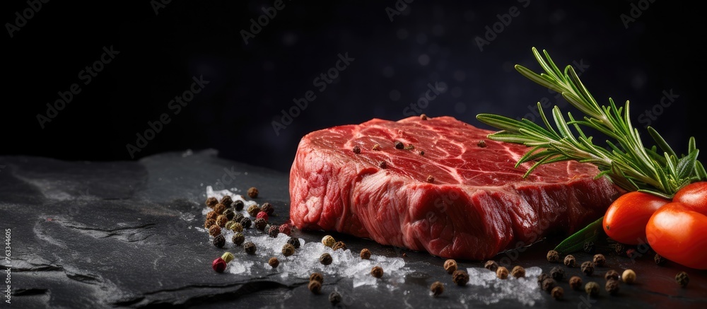 Sticker Piece of beef steak with rosemary and tomatoes on dark surface