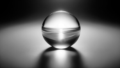 A clear glass sphere with a water-like fluid center on a reflective surface with a gradient background.