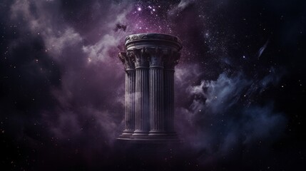 Against swirling cosmic nebulae a Doric column stands in otherworldly beauty