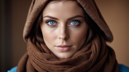  A woman with blue eyes wears a brown scarf, a blue shirt with a hood, and it's placed over her head