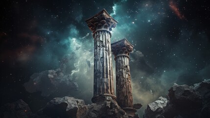 Celestial scene with a Doric column against the backdrop of cosmic nebulae