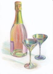 bottle of champagne and two metal cups drawing by color pencils