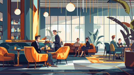 Depicting business travelers mingling with local professionals or relaxing at the hotel. - obrazy, fototapety, plakaty