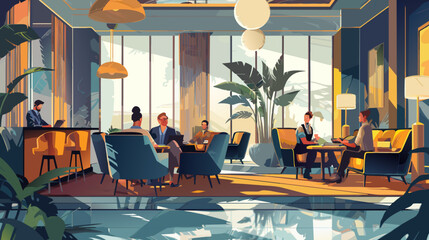 Depicting business travelers mingling with local professionals or relaxing at the hotel.