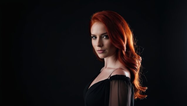  A woman with long, red hair poses seriously in a black dress, gazing into the camera