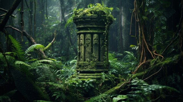 A Doric column now part of a dense tropical jungle illustrates nature's enduring force