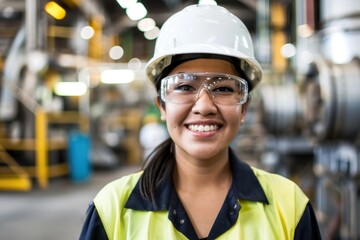A portrait of a smiling South American female worker wearing safety glasses and a hard hat