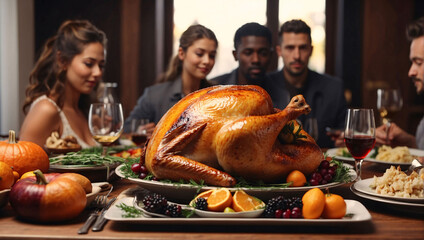 Сenterpiece of holiday feast, perfectly roasted turkey, on dinner table. Its golden-brown skin glistens in warm light, enticing everyone with irresistible aroma. Family gathered around festive table - obrazy, fototapety, plakaty