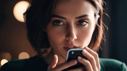  A lady with a surprised expression while holding a cellphone in her right hand facing the camera