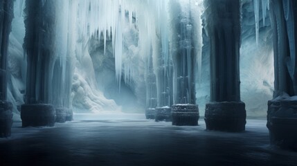 Doric colonnade in ice cave icy brilliance reflected on columns - obrazy, fototapety, plakaty