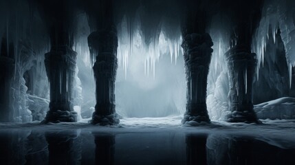Within an ice cave a Doric colonnade shines mirroring the cave's frozen walls - obrazy, fototapety, plakaty
