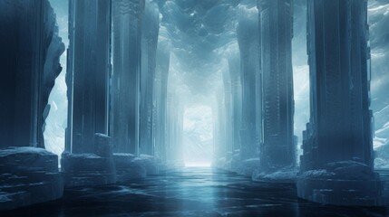 Crystalline ice cave houses a Doric colonnade its columns reflecting icy brilliance