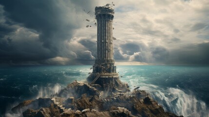Doric column on floating island with waterfalls cascading into the abyss