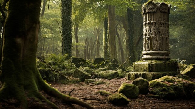 Doric column marks enchanted forest entrance ancient trees and magical creatures nearby