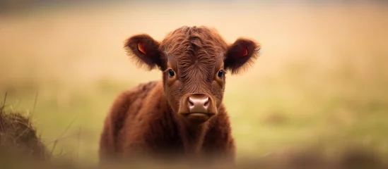 Fotobehang Brown cow staring in field, Galloway cattle calf portrait © Ilgun