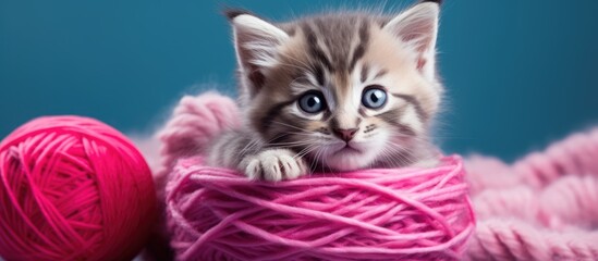 Kitten sitting in yarn ball