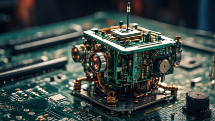 Modern green robotic assistant crafted from intricate microcircuits. Its head assembled from electronic parts, situated on computer motherboard. Exemplifies integration of electronics in robotics - obrazy, fototapety, plakaty
