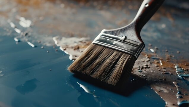  A close-up of a paintbrush in a puddle of water with droplets on the brush's tip