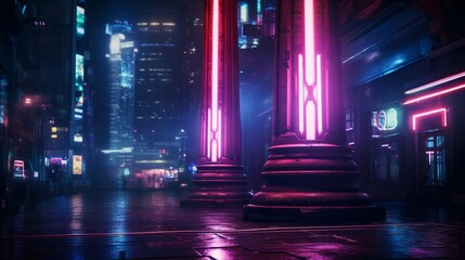 In cyberpunk cityscape classical Doric column meets neon and holography