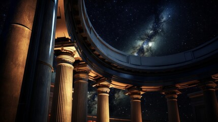 Cosmic observatory features Doric column night sky exploration above - obrazy, fototapety, plakaty