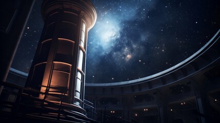 Doric column inside cosmic observatory telescopes gaze into the universe - obrazy, fototapety, plakaty