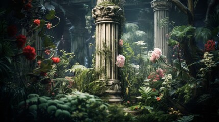 Doric column anchors an alien botanical garden vibrant with exotic life - obrazy, fototapety, plakaty