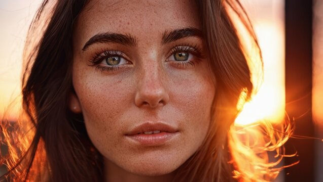  A woman in the photo has both freckles on her hair and eyes while facing the camera during sunset
