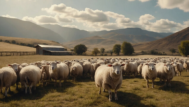 In golden light of dawn, sheep roam freely across sprawling pasture, their woolly coats shimmering in morning dew. Tranquility of countryside is only broken by occasional baa echoing through valley