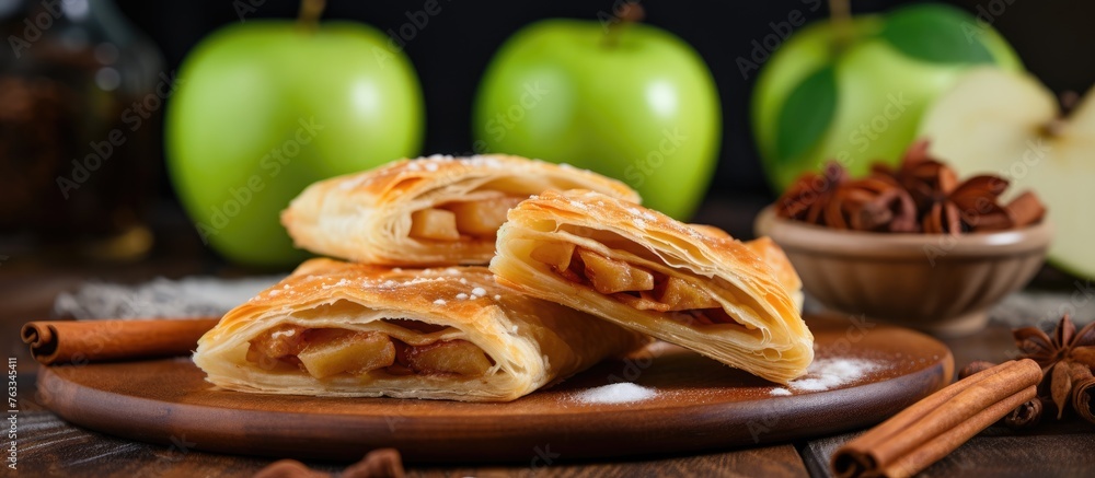 Poster Apples and cinnamon sticks on a wooden plate