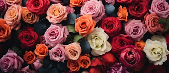 A bunch of red and pink roses in close up