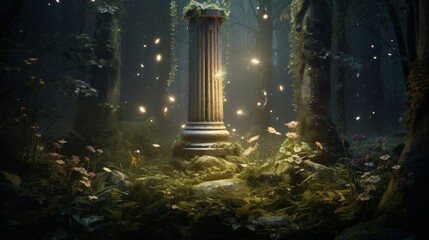 Enchanted woods envelop a Doric column fairy light softens the ancient stone