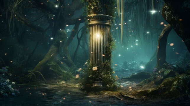 In a fairy-lit forest a Doric column stands where magic dwells among the trees