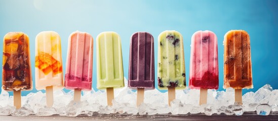 Different flavored ice cream pops on ice