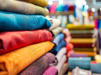 Colorful fabric samples in various colors and textures arranged on display, textile material color swatches with blurred background of home decor store interior.