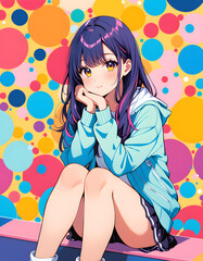 A colorful image of a young woman with purple hair sitting against a pretty background