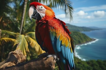 Fototapeta premium Vibrant tropical bird perched on palm tree with copyspace exotic wildlife in lush environment