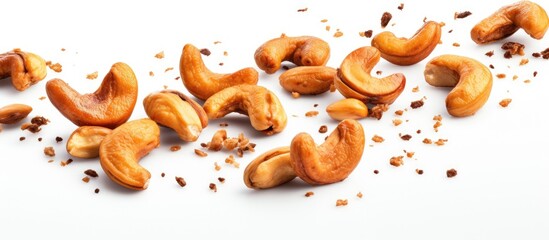 Stack of roasted cashews on bright background