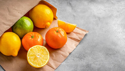 top view of assorted vitamin fruit with lemon, mandarin, lime, orange with copy space.