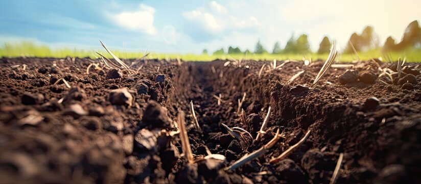 Plants sprouting in close up of soil, agricultural unit's shock absorbers visible