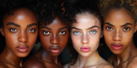 Fototapeta premium Women of diverse ethnic backgrounds stand together, showcasing a range of skin tones