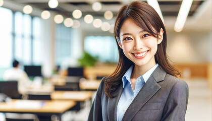 オフィスで働く笑顔の女性。
画像生成AI