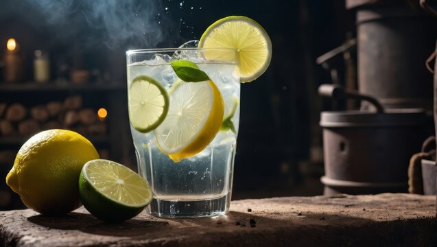  A picture of a table with a glass of water, lemons, and limes adjacent to a pot and a can of tea