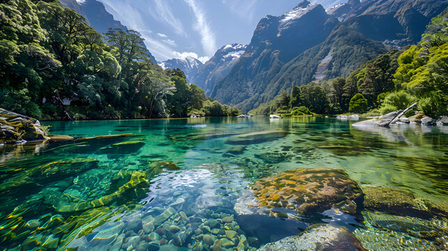 Crystal-clear stream flowing beside the Routeburn Track trail near McKenzie Hut, Fiordland National Park, South Island, New Zealand