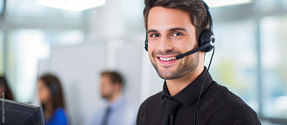 Poster man in call center with headset and computer