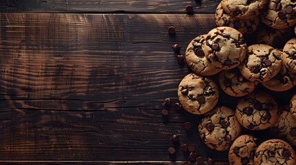 chocolate chip cookie on a wooden background - obrazy, fototapety, plakaty