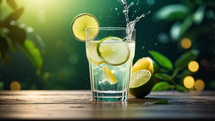  A glass of water with lemons and limes on a table, lit by warm bokeh