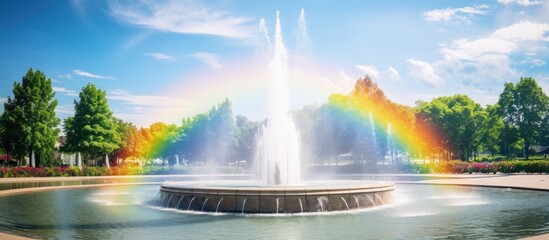 A colorful fountain amidst park trees with a radiant rainbow - obrazy, fototapety, plakaty