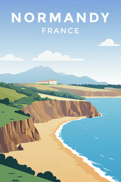 Travel vintage poster with spectacular view of Normandy, France. Ai generated image