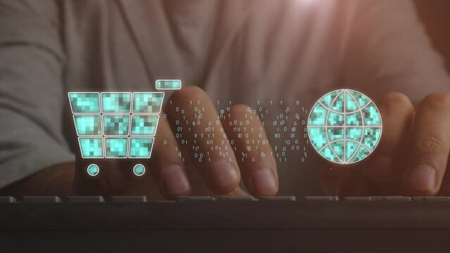 Symbols of the digitalization of online shopping around the world. against the background of a person working on a computer. World trade concept. Light correction. Cg footage